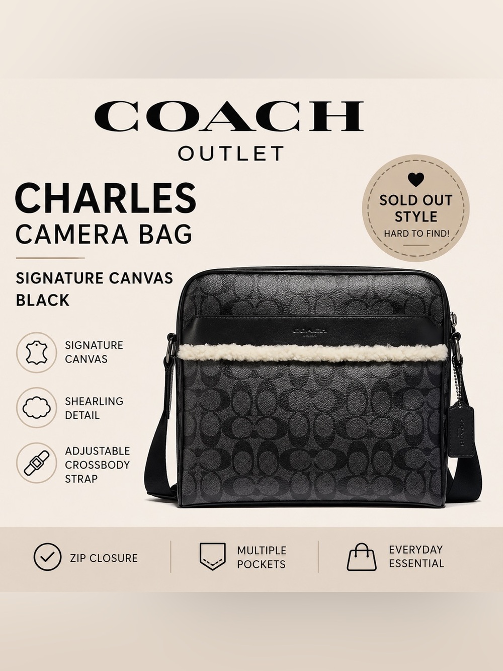 Coach Charles Camera Bag Signature Canvas Black Crossbody Shearling Stripe